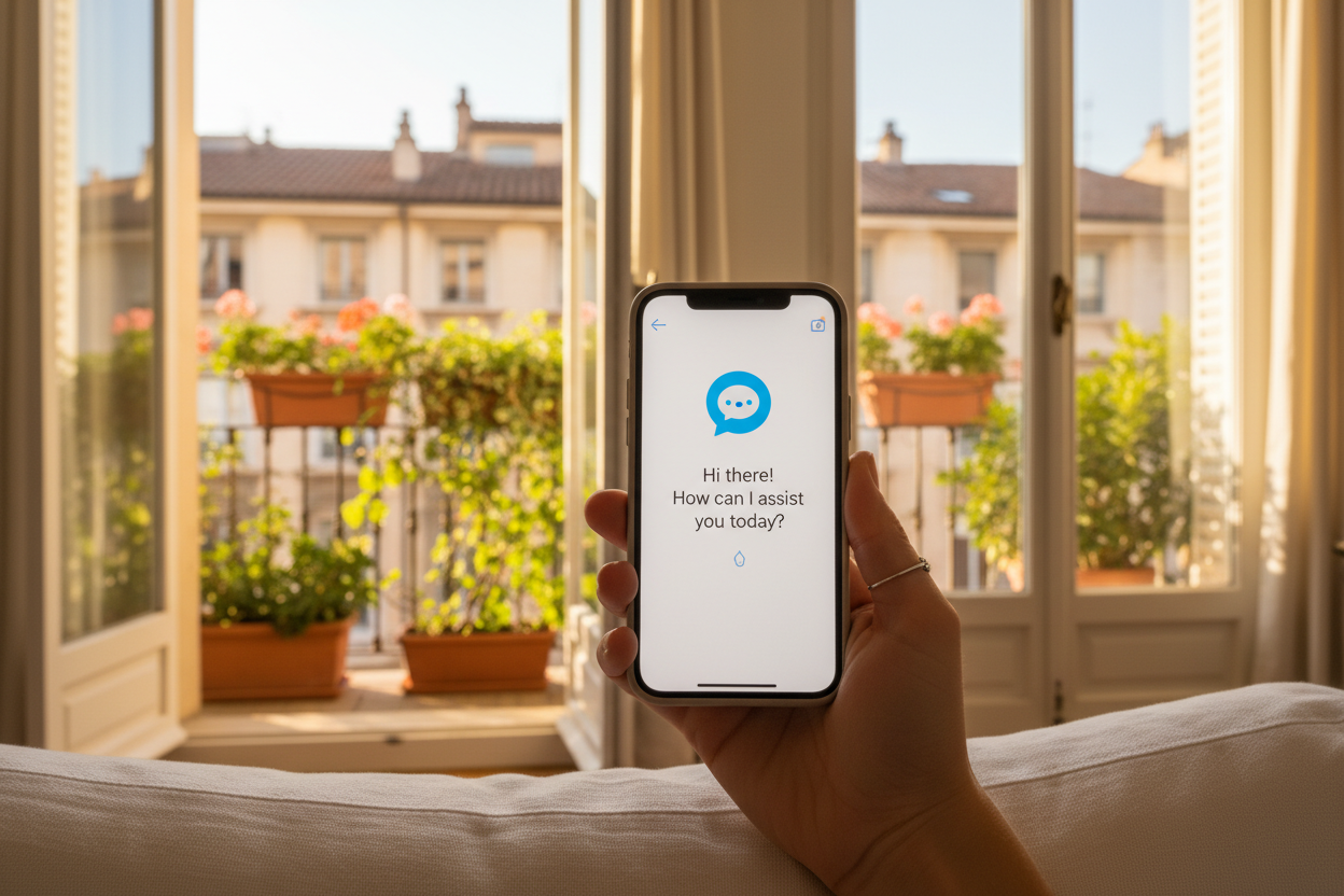 Guest holding phone in airy city apartment